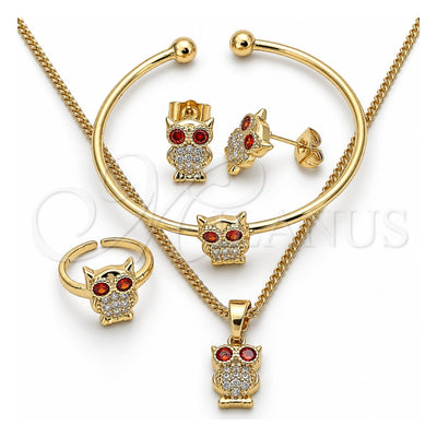 Oro Laminado Earring and Pendant Children Set, Gold Filled Style Owl Design, with White and Garnet Cubic Zirconia, Polished, Golden Finish, 06.210.0013.1