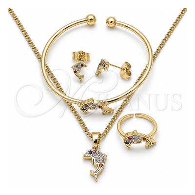 Oro Laminado Earring and Pendant Children Set, Gold Filled Style Dolphin Design, with Multicolor Cubic Zirconia, Polished, Golden Finish, 06.210.0012