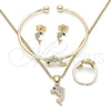 Oro Laminado Earring and Pendant Children Set, Gold Filled Style Dolphin Design, with White and Black Cubic Zirconia, Polished, Golden Finish, 06.210.0012.1