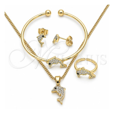 Oro Laminado Earring and Pendant Children Set, Gold Filled Style Dolphin Design, with White and Black Cubic Zirconia, Polished, Golden Finish, 06.210.0012.1