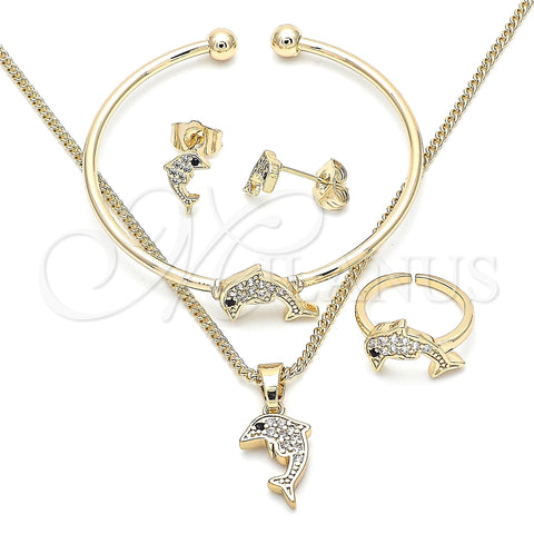 Oro Laminado Earring and Pendant Children Set, Gold Filled Style Dolphin Design, with White and Black Cubic Zirconia, Polished, Golden Finish, 06.210.0012.1