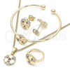 Oro Laminado Earring and Pendant Children Set, Gold Filled Style Flower and Heart Design, with Garnet and White Cubic Zirconia, Polished, Golden Finish, 06.210.0018