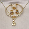 Oro Laminado Earring and Pendant Children Set, Gold Filled Style Flower and Heart Design, with Garnet and White Cubic Zirconia, Polished, Golden Finish, 06.210.0018
