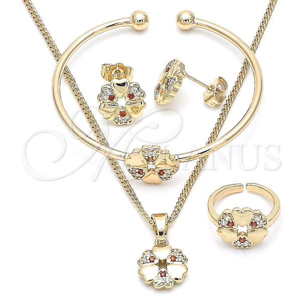 Oro Laminado Earring and Pendant Children Set, Gold Filled Style Flower and Heart Design, with Garnet and White Cubic Zirconia, Polished, Golden Finish, 06.210.0018