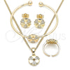 Oro Laminado Earring and Pendant Children Set, Gold Filled Style Flower and Heart Design, with White Cubic Zirconia, Polished, Golden Finish, 06.210.0018.1