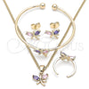 Oro Laminado Earring and Pendant Children Set, Gold Filled Style Dragon-Fly Design, with Multicolor Cubic Zirconia, Polished, Golden Finish, 06.210.0020