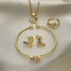 Oro Laminado Earring and Pendant Children Set, Gold Filled Style Dragon-Fly Design, with Multicolor Cubic Zirconia, Polished, Golden Finish, 06.210.0020