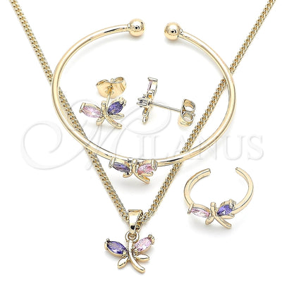 Oro Laminado Earring and Pendant Children Set, Gold Filled Style Dragon-Fly Design, with Multicolor Cubic Zirconia, Polished, Golden Finish, 06.210.0020