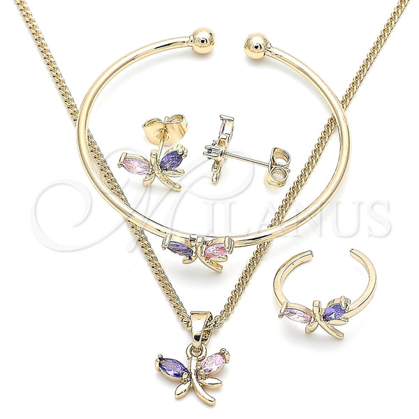 Oro Laminado Earring and Pendant Children Set, Gold Filled Style Dragon-Fly Design, with Multicolor Cubic Zirconia, Polished, Golden Finish, 06.210.0020