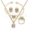 Oro Laminado Earring and Pendant Children Set, Gold Filled Style Flower Design, with Multicolor Cubic Zirconia, Polished, Golden Finish, 06.210.0016