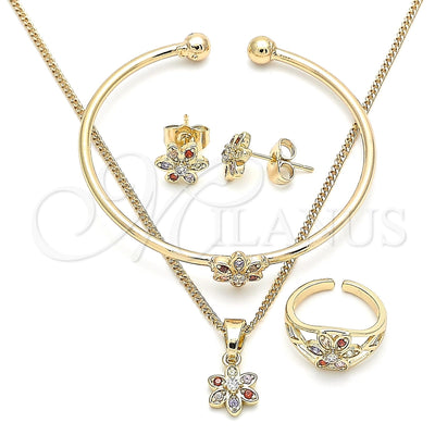Oro Laminado Earring and Pendant Children Set, Gold Filled Style Flower Design, with Multicolor Cubic Zirconia, Polished, Golden Finish, 06.210.0015