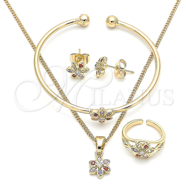 Oro Laminado Earring and Pendant Children Set, Gold Filled Style Flower Design, with Multicolor Cubic Zirconia, Polished, Golden Finish, 06.210.0015