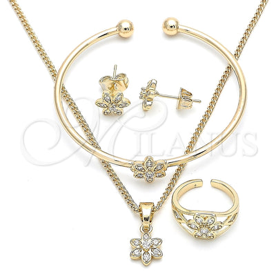 Oro Laminado Earring and Pendant Children Set, Gold Filled Style Flower Design, with White Micro Pave, Polished, Golden Finish, 06.210.0015.1