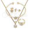Oro Laminado Earring and Pendant Children Set, Gold Filled Style Flower Design, with White Micro Pave, Polished, Golden Finish, 06.210.0015.1