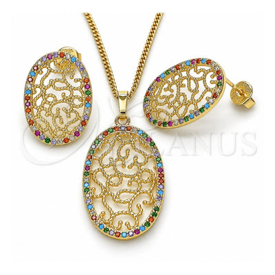 Oro Laminado Earring and Pendant Adult Set, Gold Filled Style with Multicolor Cubic Zirconia, Polished, Golden Finish, 10.233.0038.1