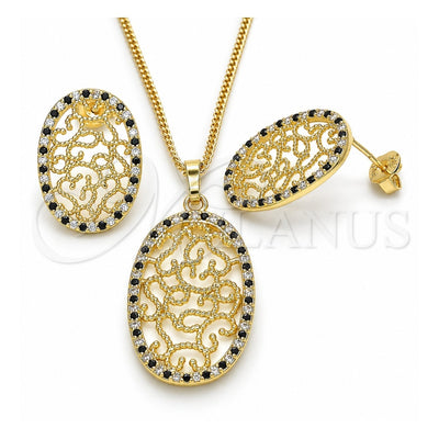 Oro Laminado Earring and Pendant Adult Set, Gold Filled Style with Black and White Cubic Zirconia, Polished, Golden Finish, 10.233.0038.2