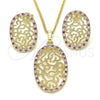 Oro Laminado Earring and Pendant Adult Set, Gold Filled Style with Ruby and White Cubic Zirconia, Polished, Golden Finish, 10.233.0038.3