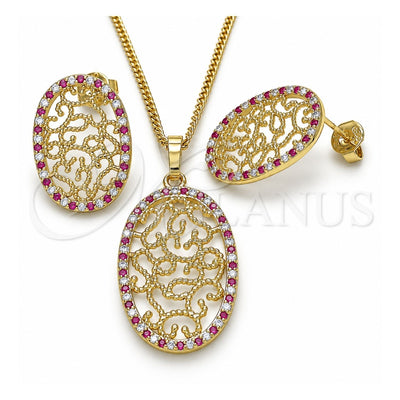 Oro Laminado Earring and Pendant Adult Set, Gold Filled Style with Ruby and White Cubic Zirconia, Polished, Golden Finish, 10.233.0038.3