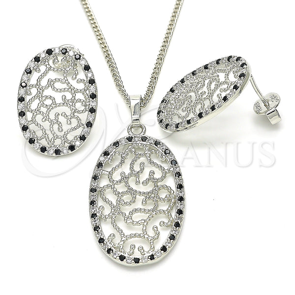 Rhodium Plated Earring and Pendant Adult Set, with Black and White Cubic Zirconia, Polished, Rhodium Finish, 10.233.0038.5