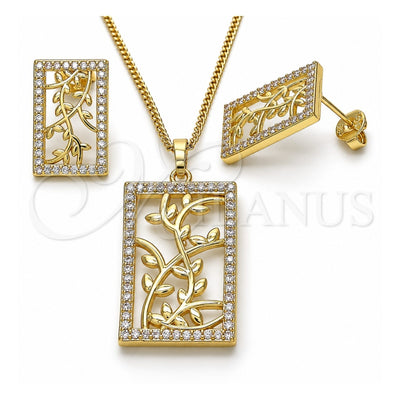 Oro Laminado Earring and Pendant Adult Set, Gold Filled Style Leaf Design, with White Cubic Zirconia, Polished, Golden Finish, 10.233.0039