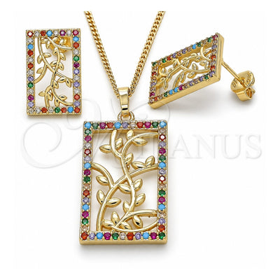 Oro Laminado Earring and Pendant Adult Set, Gold Filled Style Leaf Design, with Multicolor Cubic Zirconia, Polished, Golden Finish, 10.233.0039.1