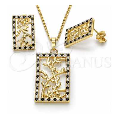 Oro Laminado Earring and Pendant Adult Set, Gold Filled Style Leaf Design, with Black and White Cubic Zirconia, Polished, Golden Finish, 10.233.0039.2