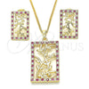 Oro Laminado Earring and Pendant Adult Set, Gold Filled Style Leaf Design, with Ruby and White Cubic Zirconia, Polished, Golden Finish, 10.233.0039.3