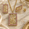 Oro Laminado Earring and Pendant Adult Set, Gold Filled Style Leaf Design, with Ruby and White Cubic Zirconia, Polished, Golden Finish, 10.233.0039.3