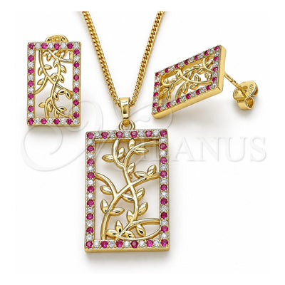 Oro Laminado Earring and Pendant Adult Set, Gold Filled Style Leaf Design, with Ruby and White Cubic Zirconia, Polished, Golden Finish, 10.233.0039.3
