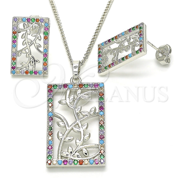 Rhodium Plated Earring and Pendant Adult Set, Leaf Design, with Multicolor Cubic Zirconia, Polished, Rhodium Finish, 10.233.0039.4