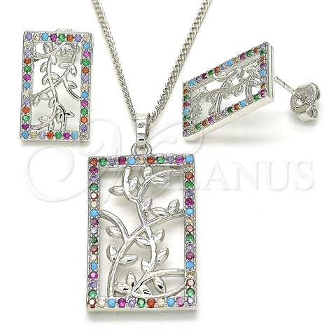 Rhodium Plated Earring and Pendant Adult Set, Leaf Design, with Multicolor Cubic Zirconia, Polished, Rhodium Finish, 10.233.0039.4