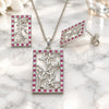 White Gold Filled Earring and Pendant Adult Set, Leaf Design, with Ruby and White Cubic Zirconia, Polished, Rhodium Finish, 10.233.0039.6