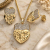 Oro Laminado Earring and Pendant Adult Set, Gold Filled Style Heart Design, with White Micro Pave, Diamond Cutting Finish, Golden Finish, 10.233.0040
