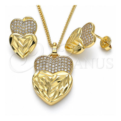 Oro Laminado Earring and Pendant Adult Set, Gold Filled Style Heart Design, with White Micro Pave, Diamond Cutting Finish, Golden Finish, 10.233.0040