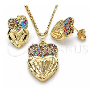 Oro Laminado Earring and Pendant Adult Set, Gold Filled Style Heart Design, with Multicolor Micro Pave, Diamond Cutting Finish, Golden Finish, 10.233.0040.1