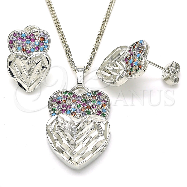 Rhodium Plated Earring and Pendant Adult Set, Heart Design, with Multicolor Cubic Zirconia, Diamond Cutting Finish, Rhodium Finish, 10.233.0040.4