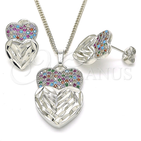 Rhodium Plated Earring and Pendant Adult Set, Heart Design, with Multicolor Cubic Zirconia, Diamond Cutting Finish, Rhodium Finish, 10.233.0040.4