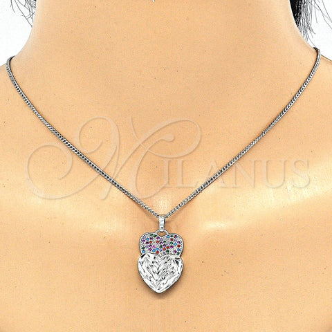 Rhodium Plated Earring and Pendant Adult Set, Heart Design, with Multicolor Cubic Zirconia, Diamond Cutting Finish, Rhodium Finish, 10.233.0040.4