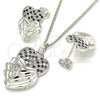 Rhodium Plated Earring and Pendant Adult Set, Heart Design, with Black and White Cubic Zirconia, Diamond Cutting Finish, Rhodium Finish, 10.233.0040.5