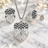 White Gold Filled Earring and Pendant Adult Set, Heart Design, with Black and White Cubic Zirconia, Diamond Cutting Finish, Rhodium Finish, 10.233.0040.5