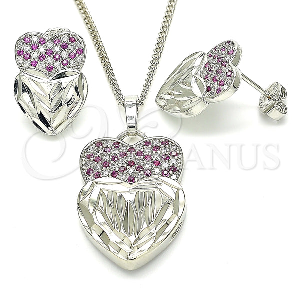 Rhodium Plated Earring and Pendant Adult Set, Heart Design, with Ruby and White Cubic Zirconia, Diamond Cutting Finish, Rhodium Finish, 10.233.0040.6