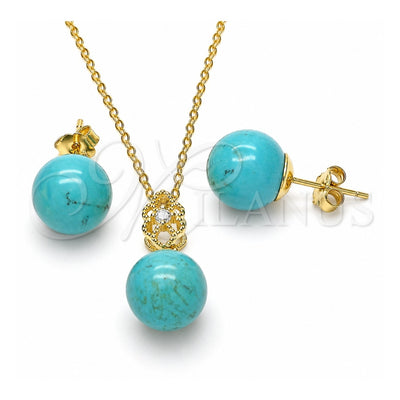 Sterling Silver Earring and Pendant Adult Set, Ball Design, with White Cubic Zirconia, Polished, Golden Finish, 10.63.0594