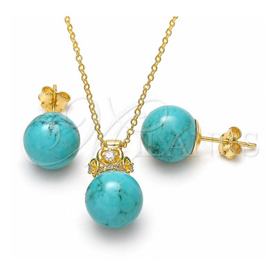 Sterling Silver Earring and Pendant Adult Set, Crown and Ball Design, with White Cubic Zirconia, Polished, Golden Finish, 10.63.0597