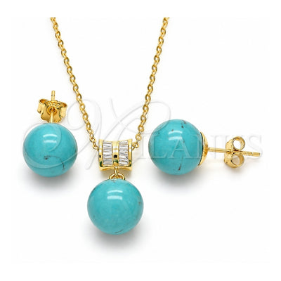 Sterling Silver Earring and Pendant Adult Set, Ball Design, with White Cubic Zirconia, Polished, Golden Finish, 10.63.0599