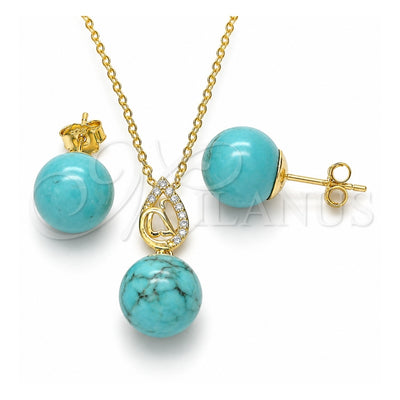 Sterling Silver Earring and Pendant Adult Set, Teardrop and Ball Design, with White Cubic Zirconia, Polished, Golden Finish, 10.63.0600
