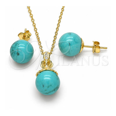 Sterling Silver Earring and Pendant Adult Set, Crown and Ball Design, with White Cubic Zirconia, Polished, Golden Finish, 10.63.0601