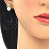 Oro Laminado Stud Earring, Gold Filled Style Leaf and Ball Design, with White Cubic Zirconia and Ivory Pearl, Polished, Golden Finish, 02.156.0341