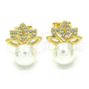 Oro Laminado Stud Earring, Gold Filled Style Leaf and Ball Design, with White Cubic Zirconia and Ivory Pearl, Polished, Golden Finish, 02.156.0341