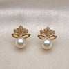 Oro Laminado Stud Earring, Gold Filled Style Leaf and Ball Design, with White Cubic Zirconia and Ivory Pearl, Polished, Golden Finish, 02.156.0341