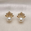 Oro Laminado Stud Earring, Gold Filled Style Leaf and Ball Design, with White Cubic Zirconia and Ivory Pearl, Polished, Golden Finish, 02.156.0341